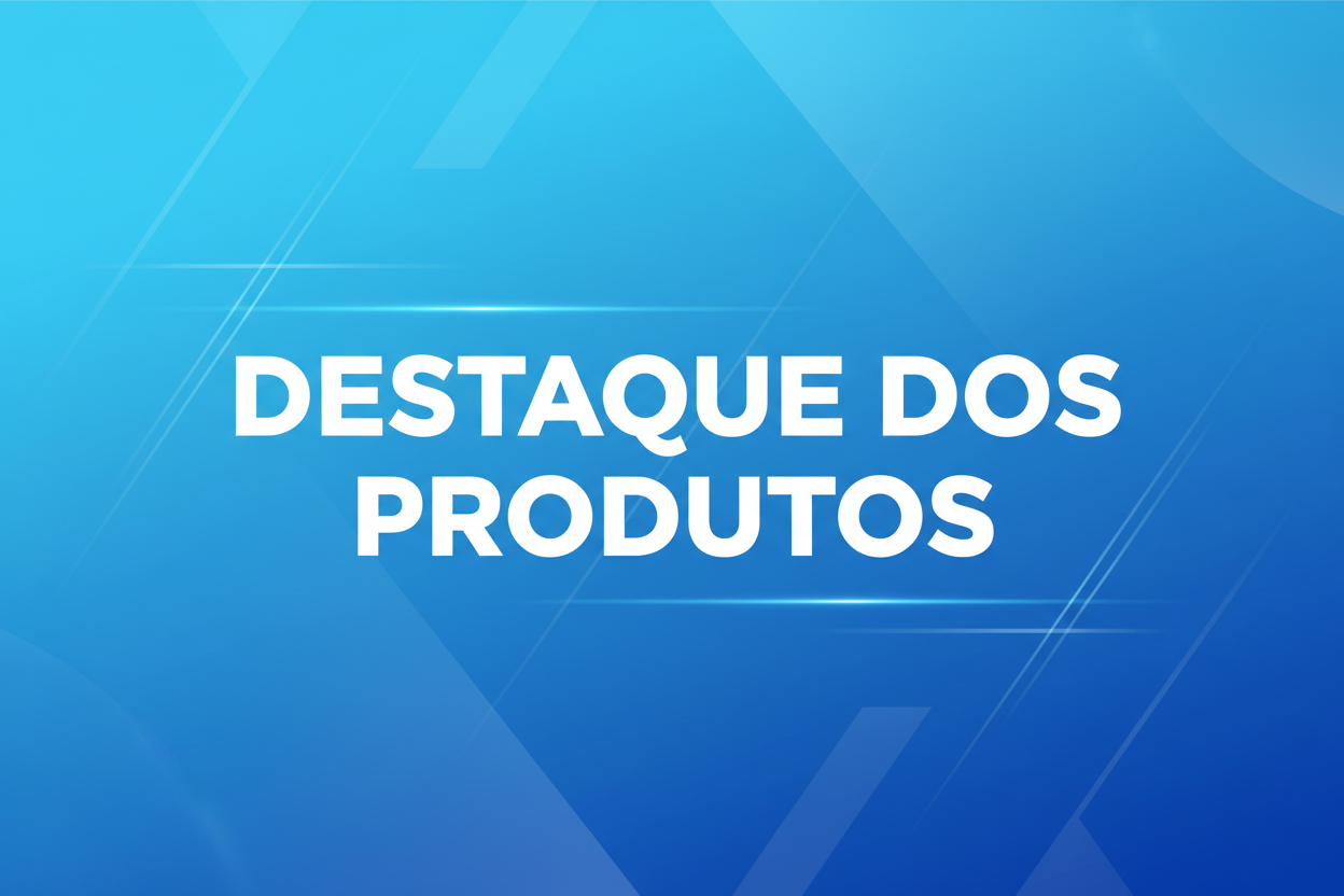 gere uma imagem com fundo azul e escrita em branco destacando os produtos da minha loja